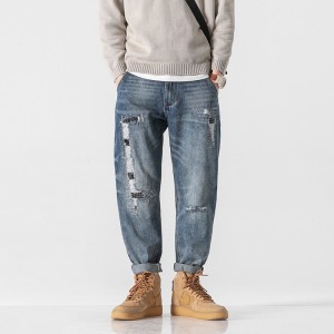 Cut Ripped Jeans Loose Straight Casual Pants Men’s Denim Trousers