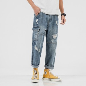 New foreign trade fashion men’s casual tooling jeans large size ripped denim trousers men