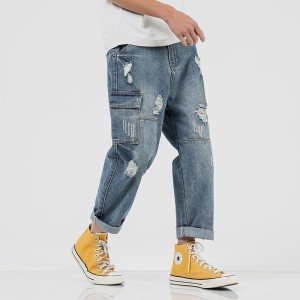 New foreign trade fashion men’s casual tooling jeans large size ripped denim trousers men