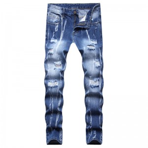 Non-stretch large size straight trousers custom retro mid-waist frayed ripped jeans for men
