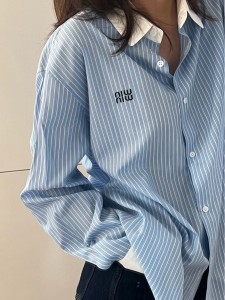 2022 Factory Custom New Plus Size Women Fashion Loose Blue Striped Shirts