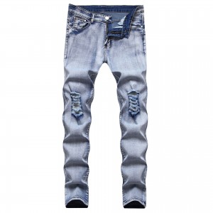 European and American men’s jeans with big holes in the knees casual men’s slim stretch pants