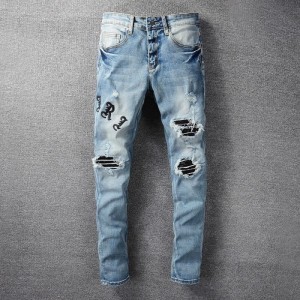 Fixed Competitive Price China New Fashion Design Light Blue Clothing Nice High Quality Top Sale Ripped Wholesale Embroidered Slim Fit Jeans Man