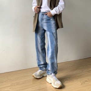 Street hip-hop color matching jeans men’s loose straight-leg pants