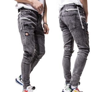 New Men’s Skinny Jeans Feet Worn Holes Patch Pockets Webbing Jeans Men