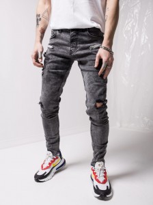 New Men’s Skinny Jeans Feet Worn Holes Patch Pockets Webbing Jeans Men