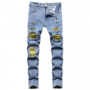New Men’s Jeans Patch Embroidered Stretch Casual Small Foot Slim Fit Men’s Pants