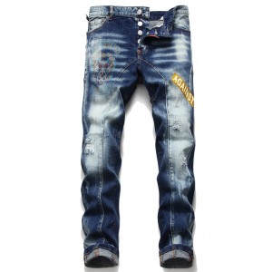 New tattered print hot drill men’s slim jeans stretch blue skinny beggar pants