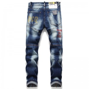New tattered print hot drill men’s slim jeans stretch blue skinny beggar pants jeans with the leather