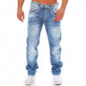 Men’s ripped nostalgic jeans light blue straight-leg slim button men’s European and American jeans