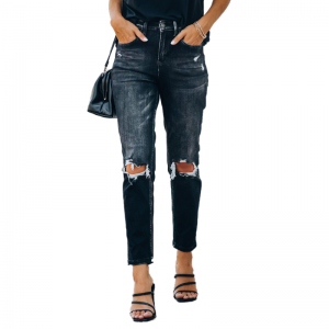 High-quality women’s ripped stretch denim cropped high waist slim jeans women
