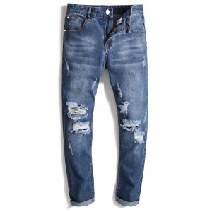 Ripped slim-fit jeans straight non-stretch casual washed denim trousers