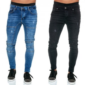 China jeans manufacturer factory price men’s small feet text print ripped jeans