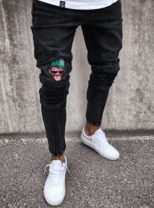 Fashion black casual men’s jeans ripped patch stitching washed jeans