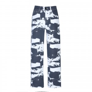 Washed tie-dye printed denim trousers men’s hip-hop wide-leg straight-leg daddy pants