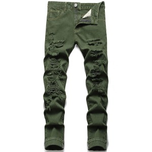 European and American foreign trade jeans men’s army green trousers ripped slim straight
