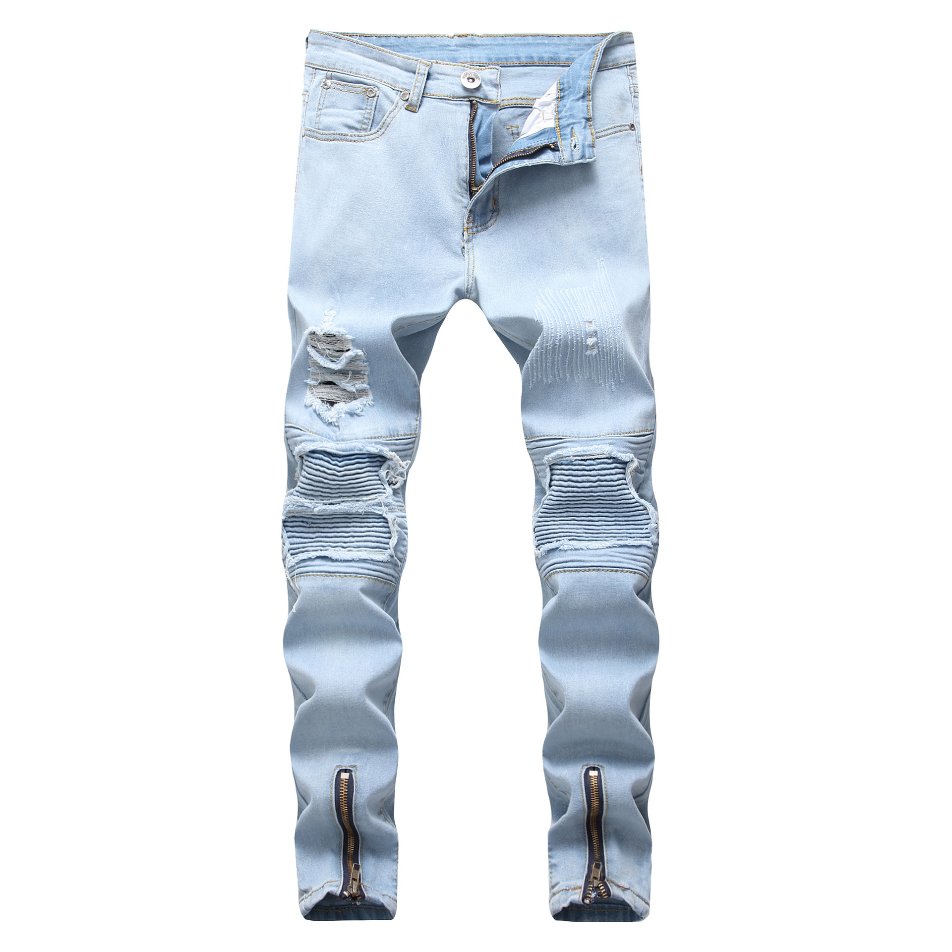 factory customized Premium Denim Jeans - European and American men’s jeans light blue small feet slim fit ripped motorcycle men’s jeans – Yulin
