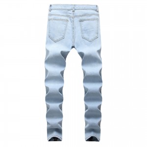 European and American men’s jeans light blue small feet slim fit ripped motorcycle men’s jeans