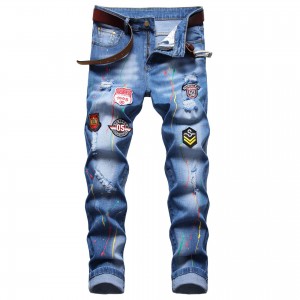 Slim-Fit Pants Embroidered Hole Patch Ripped Straight Jeans