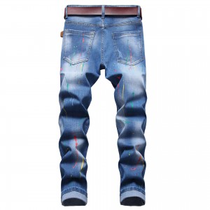 Embroidered badge personality splash ink jeans men’s stretch slim fashion ripped trousers