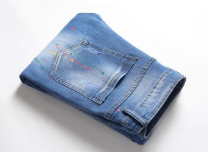 Hot-sale products ripped patch embroidery slim elastic force straight men’s denim trousers
