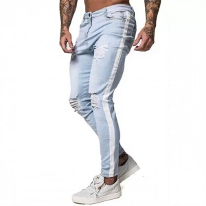 China Factory Hot Sale Light Blue Mens Side Stripe Slim Fit Stretch Denim Ripped Men’s Jeans