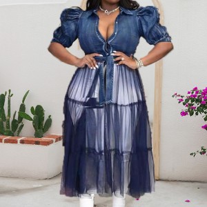 Fashion plus size women’s dress cardigan long skirt temperament commuter blue denim stitching mesh skirt