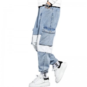 Blue and White Patchwork Multi-Pocket Men’s Cargo Pants
