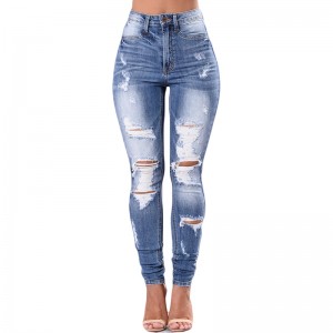 High quality elastic denim cotton slim fit ripped blue skinny ladies jeans