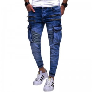 men’s jeans casual zipper decoration denim trousers fold personality jeans men