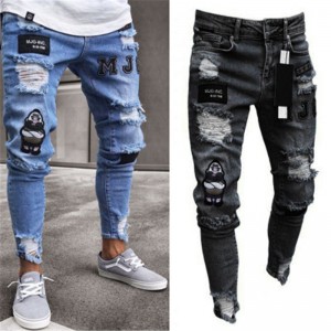 Hot selling item slim fit hip-hop embroidery ripped pencil pants men’s jeans bulk wholesale custom
