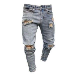 Men’s Jeans Gray Ripped Denim Long pant Casual Hole Straight Men’s Jeans