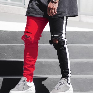 men’s jean Slim stitching ripped casual trousers men’s feet pants jeans