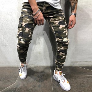 Men’s Trousers stretch slim fit long pants tight elastic feet military camouflage cargo pants