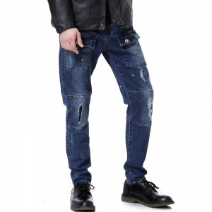 men’s jeans ripped holes multi-pocket washed denim trousers printed jeans men for customized