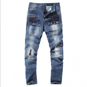 men’s jeans ripped holes multi-pocket washed denim trousers printed jeans men for customized