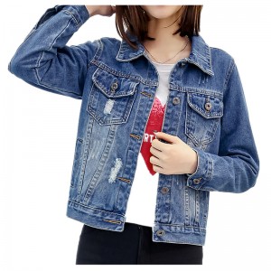 High Performance China Classic Collared Mesh Patch Shoulder Short Lady Denim Jacket (JC4080)