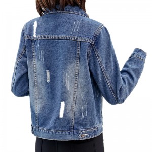 High Performance China Classic Collared Mesh Patch Shoulder Short Lady Denim Jacket (JC4080)