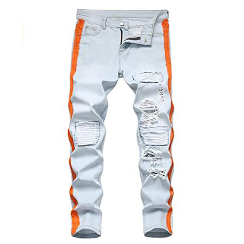Short Lead Time for High Waisted Button Fly Jeans - Hand-painted orange on the side ripped men’s jeans – Yulin