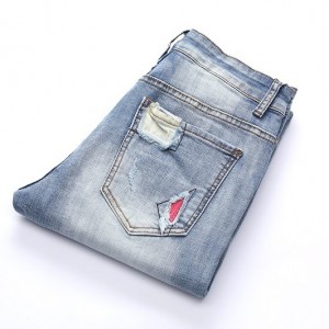 Fashionable Stretch Light Colored Wrinkled Patch Ripped Slim Denim Biker Jeans for Men