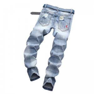 Fashionable Stretch Light Colored Wrinkled Patch Ripped Slim Denim Biker Jeans for Men