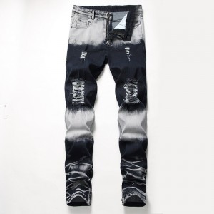 Fashion black and white gradient plus size ripped men’s jeans