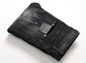 Spring Custom Destroyed Denim Jeans Ripped Black Patch Slim Fit Jeans Men