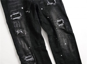 Spring Custom Destroyed Denim Jeans Ripped Black Patch Slim Fit Jeans Men