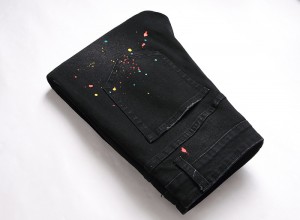 Elastic Slim-fitting Spray Paint Ripped Black Plus Size Jeans Men