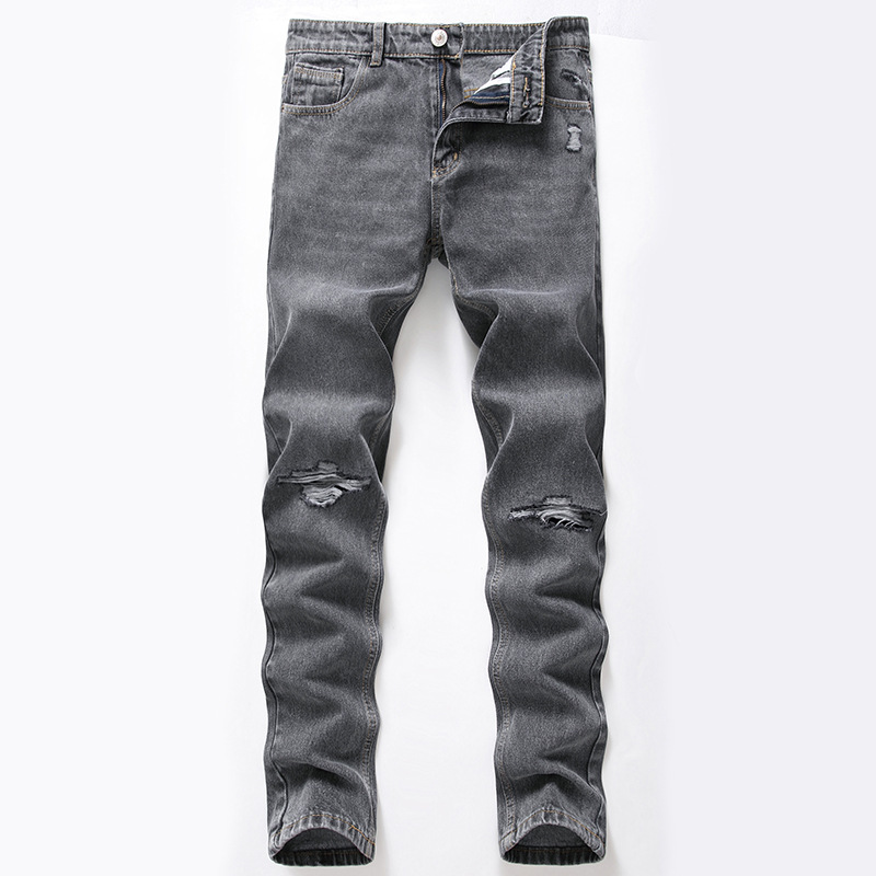 Ordinary Discount Vintage Genes Black Mens Jeans - High Elastic Knee Hole Straight Ripped Smoke Gray Jeans Men – Yulin