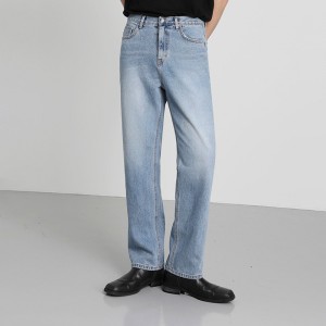 Summer fashion all-match loose straight denim light blue jeans for men