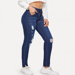 Mid-waist Slim Elastic Stretch Denim Ripped Blue Jeans For Women
