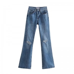 Women’s Casual Trousers Ripped Hole Decorative Flared Jeans