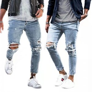 Fashion Stretch Knee Ripped Light Blue Men’s Jeans